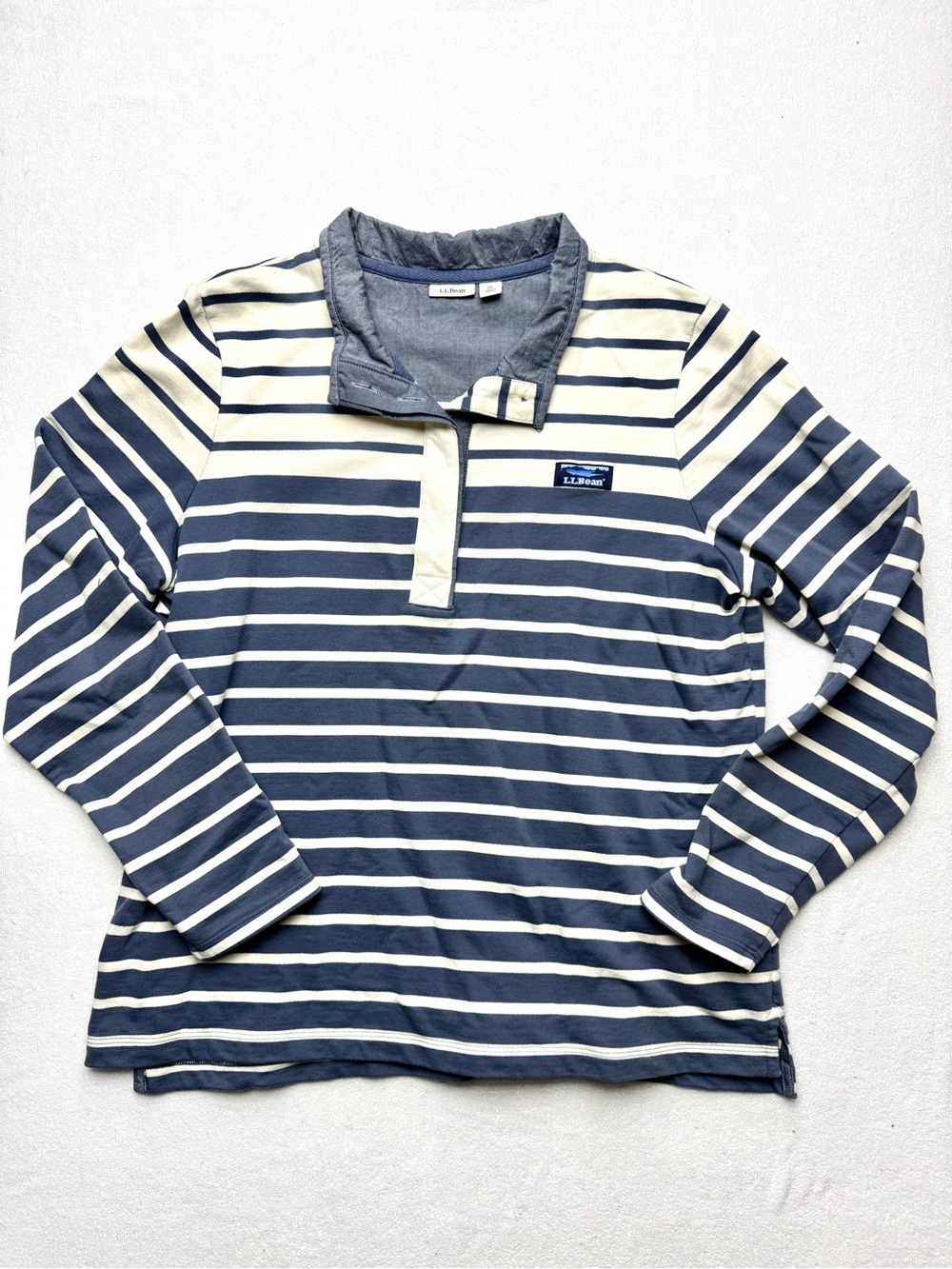 L.L. Bean Navy and White Striped Long-Sleeve Polo